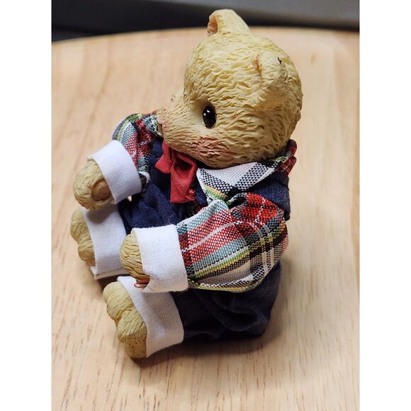Bear Figurine plaid top small bow sit position - Picture 4 of 8